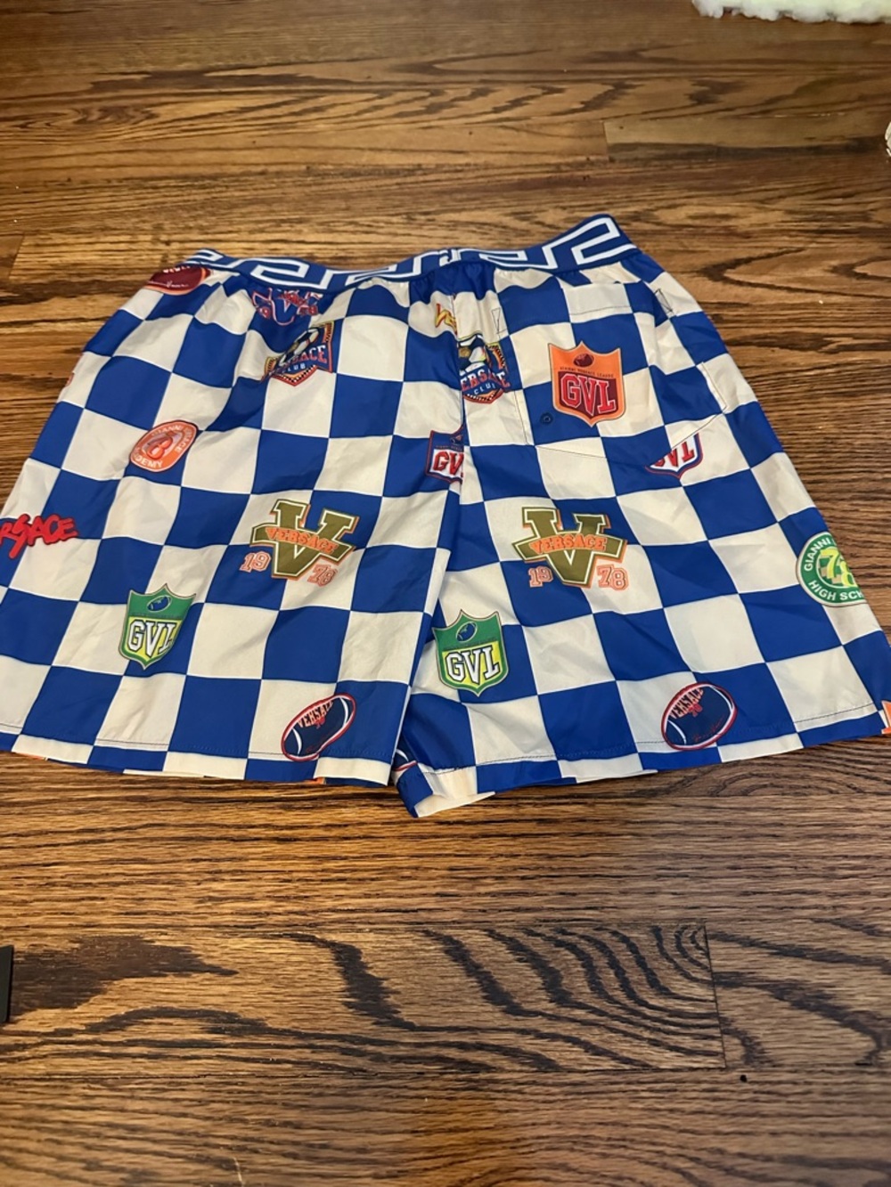 Versace boys Blue and White Checkered Graphic Patch Boxer Shorts NWT